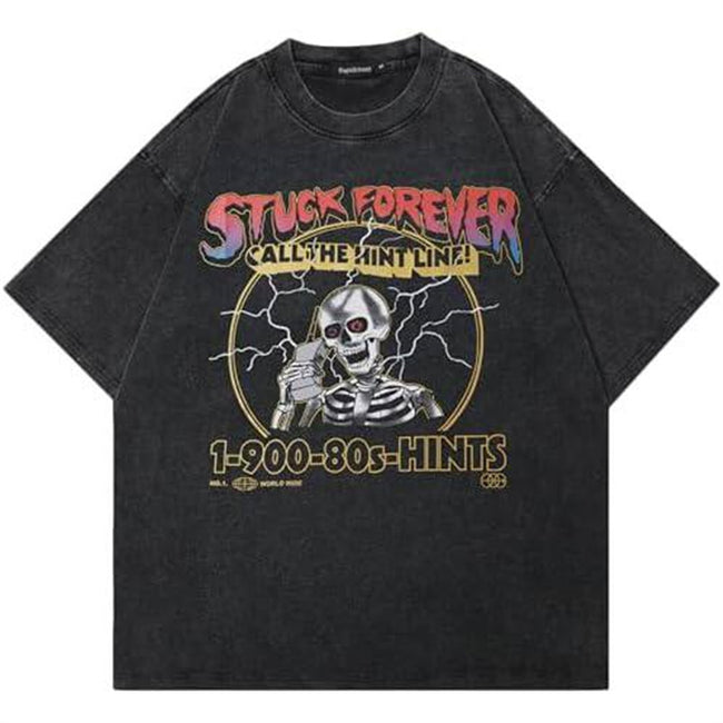 Lightning Skeleton Retro Hotline Graphic Washed T-Shirt Stuck Forever Vintage Streetwear Oversized Tee Hover Image