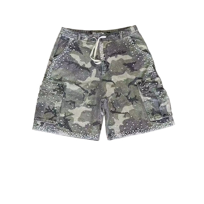 Valley Vintage Camouflage Cargo Denim Shorts Side Big Pockets All Over Scattered Rhinestones Baggy Unisex Tactical Streetwear Jorts Hover Image