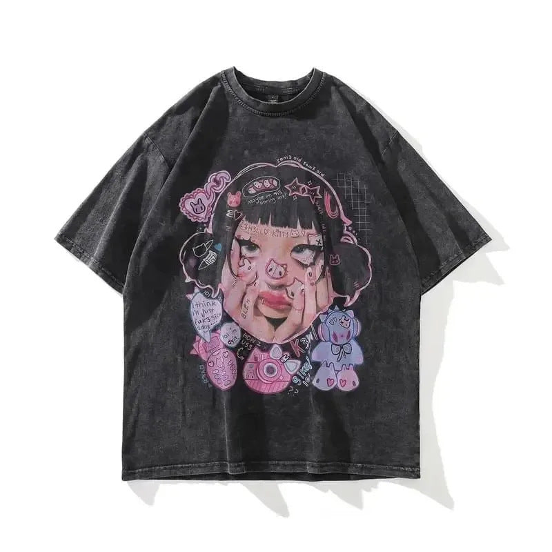 Y2K Kawaii Gothic Cartoon Girl Doodle Print Washed Black Oversized Graphic T-Shirt