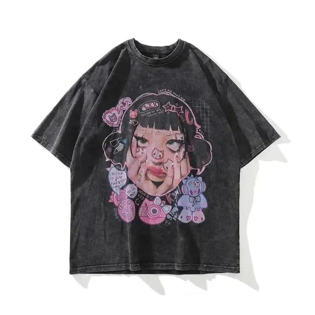 Y2K Kawaii Gothic Cartoon Girl Doodle Print Washed Black Oversized Graphic T-Shirt Hover Image