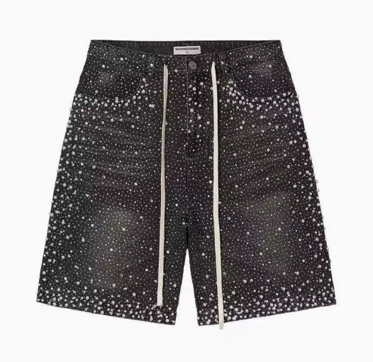 Valley Pure Black Washed Denim Shorts All Over Gradient Rhinestones Baggy Oversized Unisex Y2K Dark Street Knee Jorts Hover Image