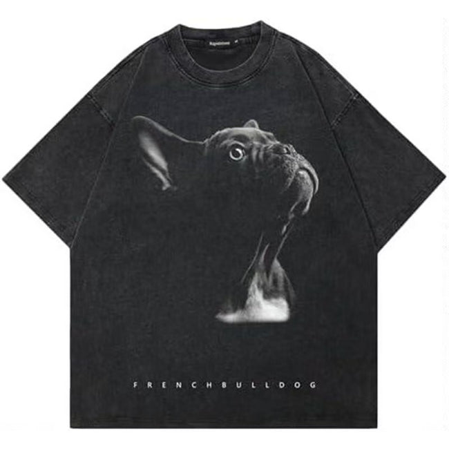 Vintage Washed Black Oversized T-Shirt Realistic French Bulldog Portrait Pet Animal Minimalist Unisex Streetwear Short Sleeve Tee Hover Image