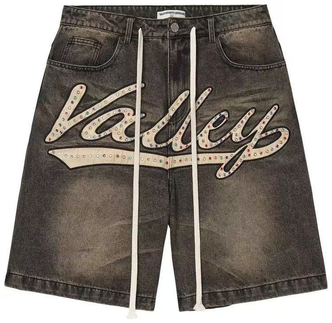 Valley Acid Washed Black Grey Gradient Denim Shorts Colorful Rhinestone Cursive Logo Baggy Oversized Unisex Streetwear Jorts Hover Image