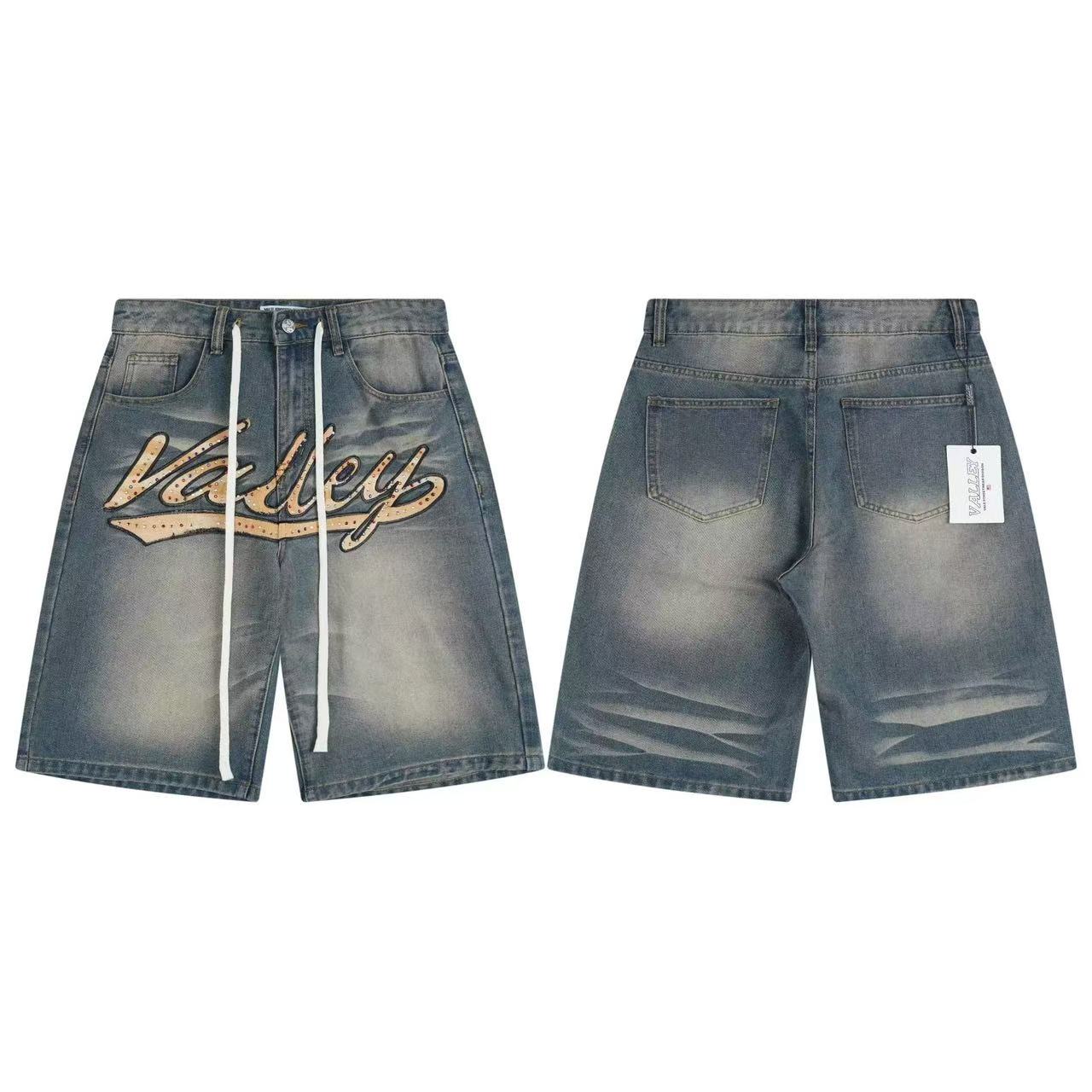 Valley Two Tone Blue Gradient Washed Denim Shorts Front Embroidery Letter Baggy Wide Leg Unisex Casual Street Knee Shorts