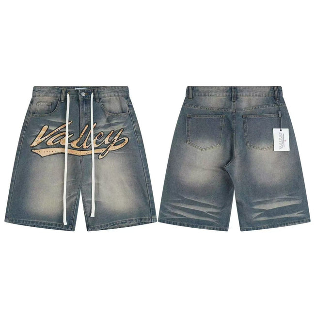 Valley Two Tone Blue Gradient Washed Denim Shorts Front Embroidery Letter Baggy Wide Leg Unisex Casual Street Knee Shorts Hover Image