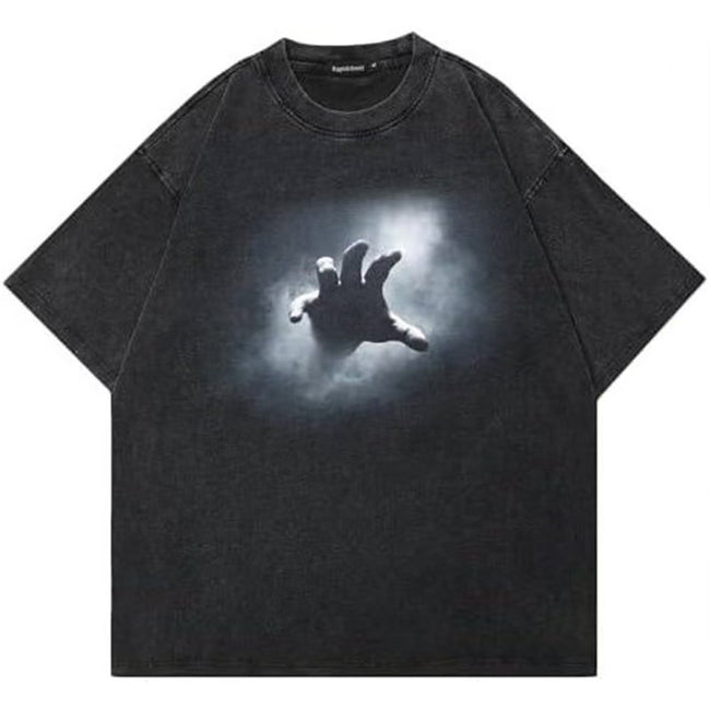 Vintage Acid Wash Oversized T-Shirt Men Women Gothic Ghost Hand Misty Horror Dark Aesthetic Grunge Streetwear Loose Short Sleeve Tee Hover Image