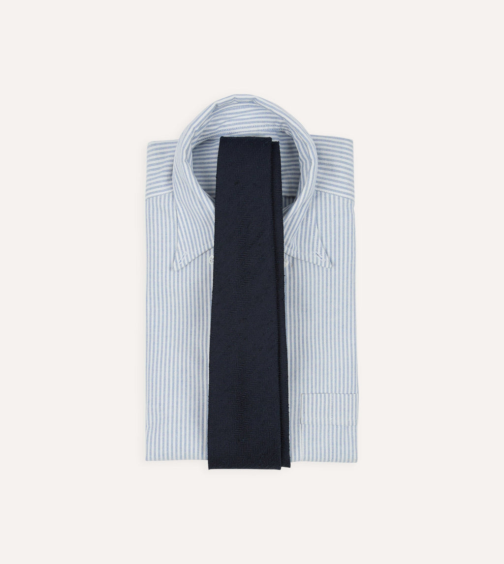 Navy Herringbone Shantung Silk Hand-Rolled Tie