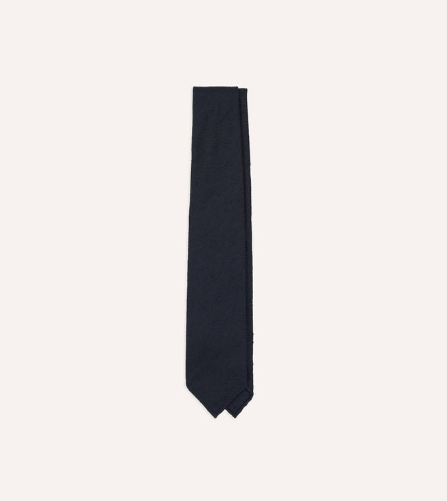 Navy Herringbone Shantung Silk Hand-Rolled Tie Hover Image