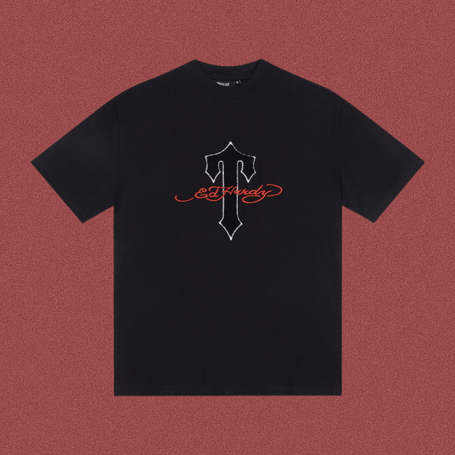 Trapstar Gothic "T" Red Script Logo Tee - Black Hover Image