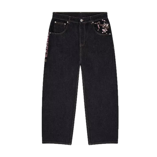 Cross border hot Y2K American retro plum blossom embroidery wide leg pants hip-hop street loose men's and women's jeans Hover Image