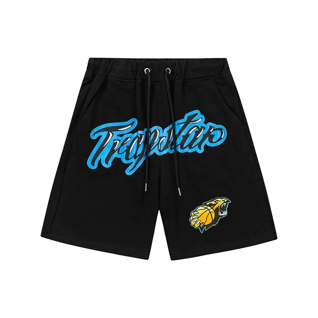 Trapstar Varsity Script Logo & Panther Patch Sweat Shorts - Black/Royal Blue Hover Image