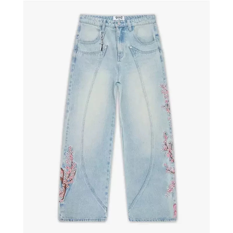 Cross border hot Y2K American retro plum blossom embroidery wide leg pants hip-hop street loose men's and women's jeans