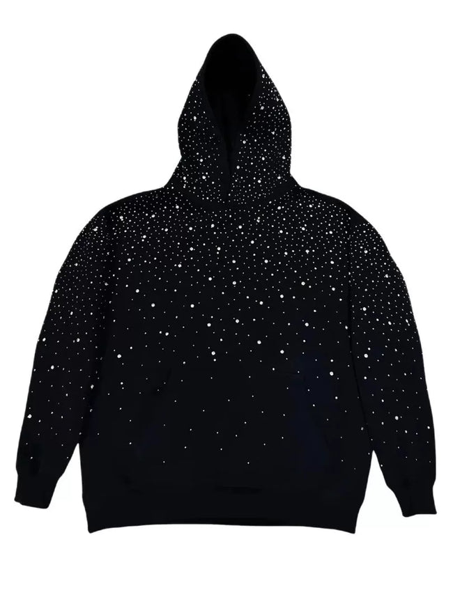 Diamond-studded water droplet starry night hooded sweatshirt for street fashion with zipper opening, casual wear hoodie Main Image