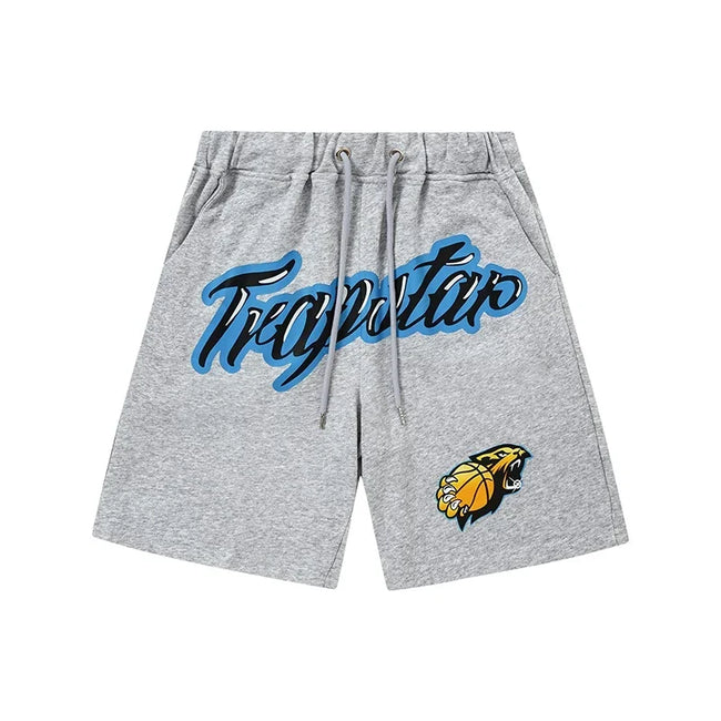 Trapstar Varsity Script Logo & Panther Patch Sweat Shorts - Grey/Royal Blue Hover Image