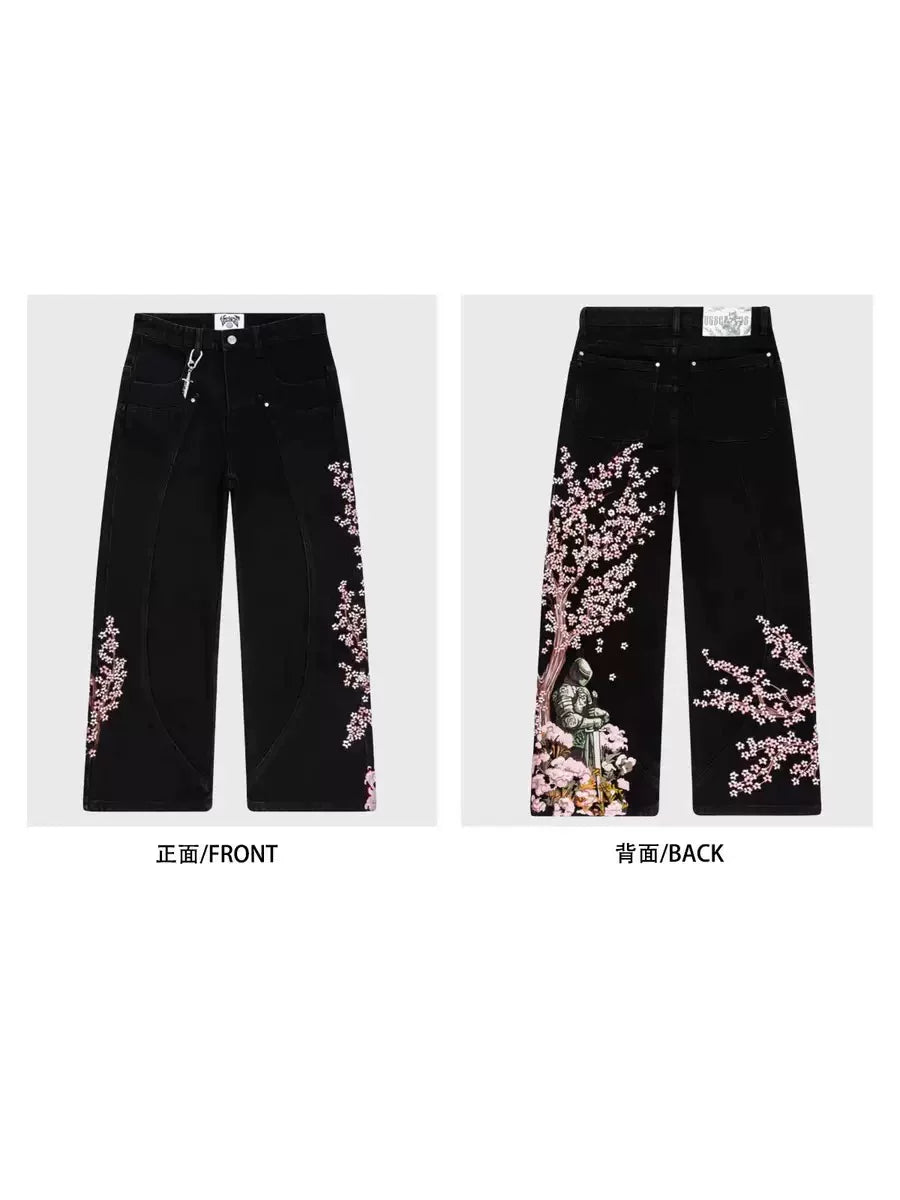 Cross border hot Y2K American retro plum blossom embroidery wide leg pants hip-hop street loose men's and women's jeans