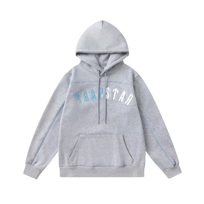 Trapstar Style Autumn/Winter Split-Color Arch Logo Hoodie - Heather Grey/Blue Hover Image