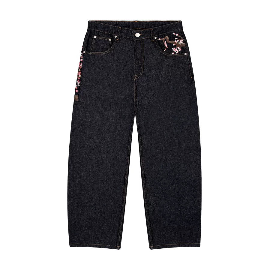 Cross border hot Y2K American retro plum blossom embroidery wide leg pants hip-hop street loose men's and women's jeans