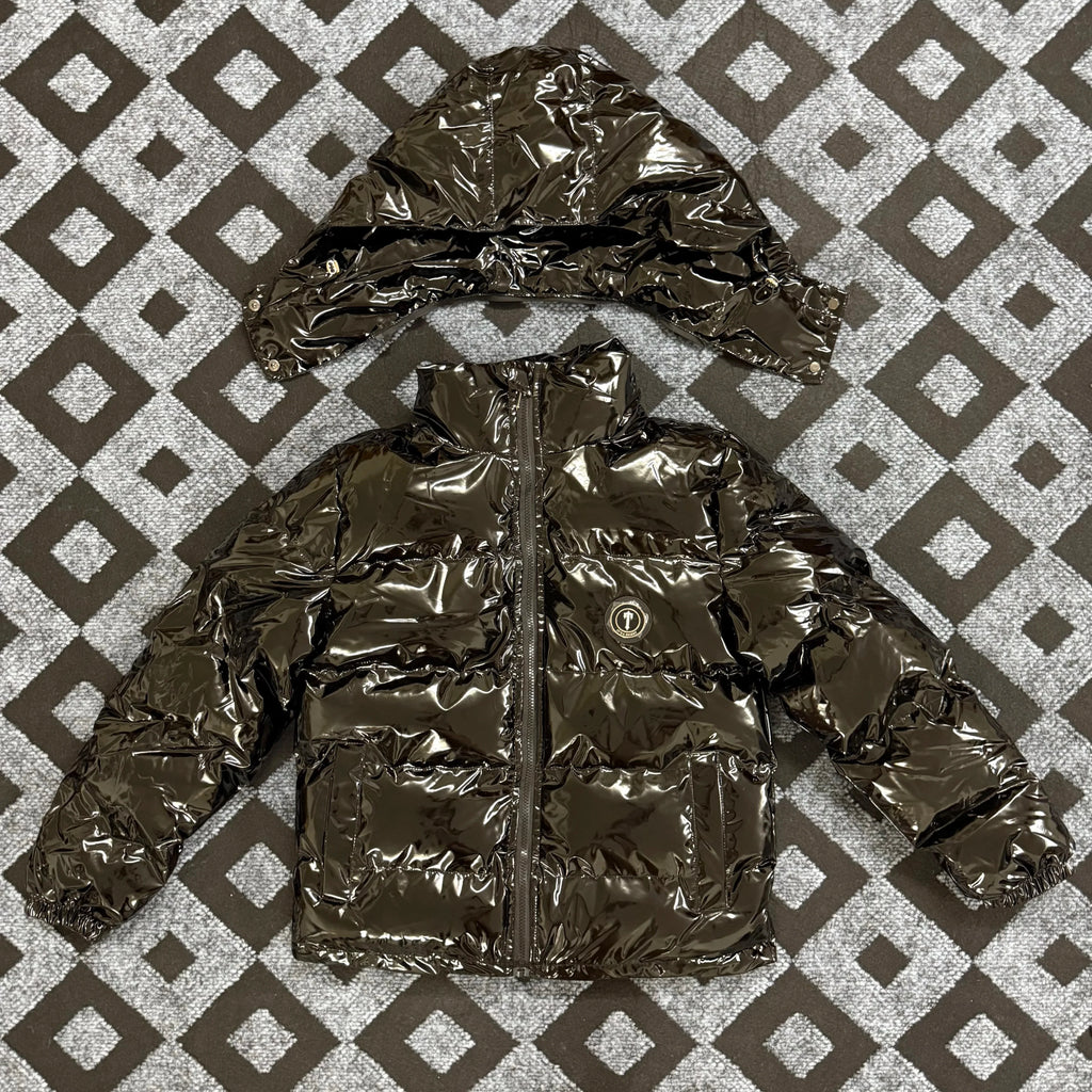 Trapstar Glossy Patent Hooded Puffer Jacket - Dark Bronze/Black