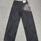 Cross border hot Y2K American retro plum blossom embroidery wide leg pants hip-hop street loose men's and women's jeans