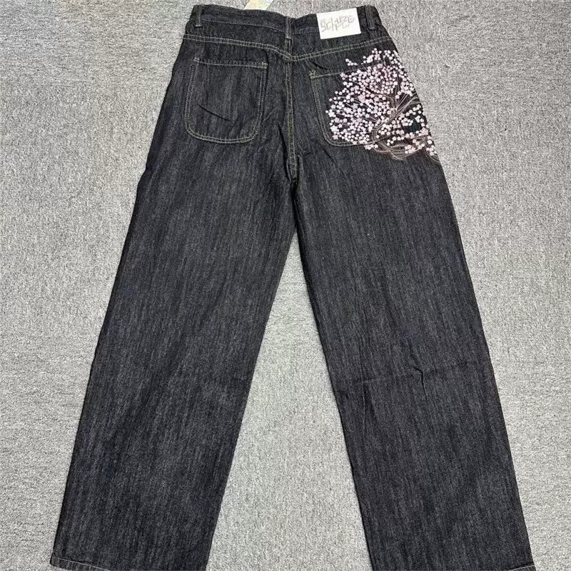 Cross border hot Y2K American retro plum blossom embroidery wide leg pants hip-hop street loose men's and women's jeans