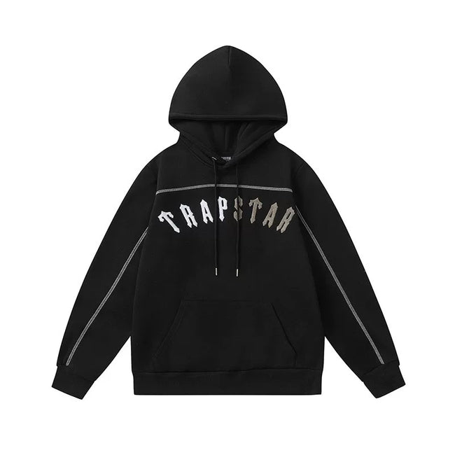 Trapstar Style Autumn/Winter Split-Color Arch Logo Hoodie - Black/Khaki Hover Image