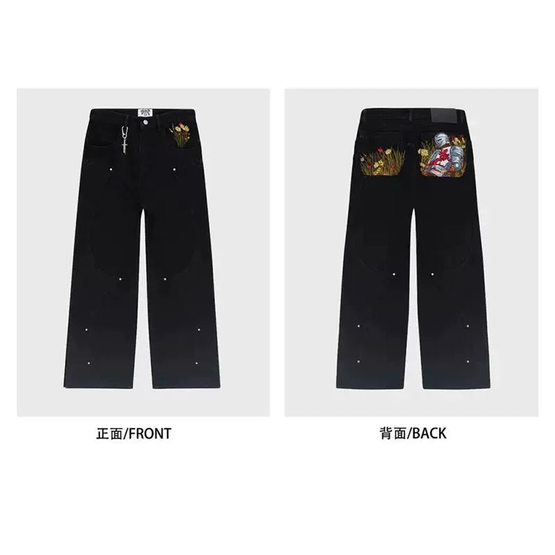 Cross border hot Y2K American retro plum blossom embroidery wide leg pants hip-hop street loose men's and women's jeans