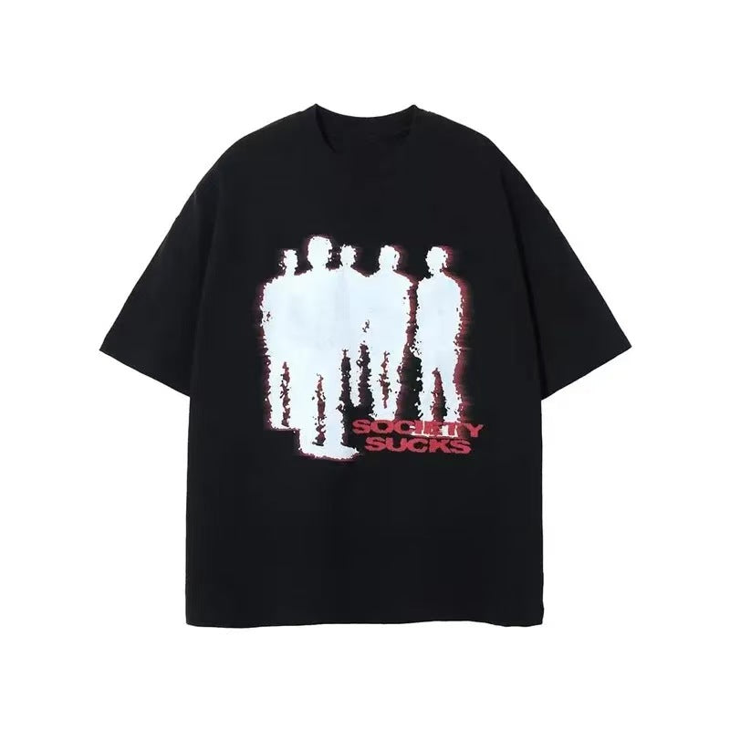 Blurry Crowd Silhouette Anti-Establishment Slogan Retro Oversized Streetwear T-Shirt