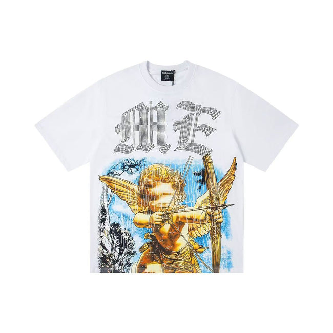 White Vintage Rhinestone Gothic Letter Golden Cupid Angel Arrow T-Shirt Renaissance Oil Painting Oversized Unisex Streetwear Short Sleeve Tee Hover Image