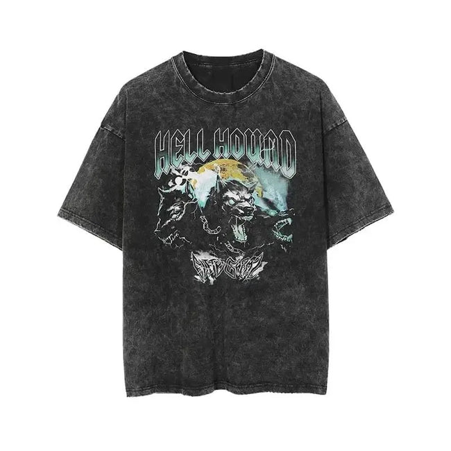 Hell Hound Three Headed Wolf Metal Rock Vintage Washed Oversized T-Shirt Hover Image