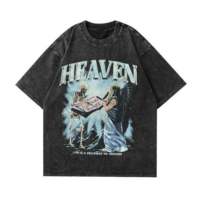 Heaven Angel & Skeleton Vintage Print Washed Graphic Tee | Life Is A Stairway To Heaven Hover Image