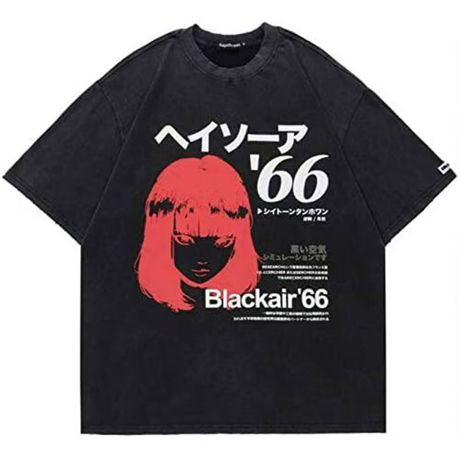 Japanese Anime Girl Y2K Vintage Washed T-Shirt Blackair 66 Retro Harajuku Streetwear Unisex Oversized Tee Hover Image