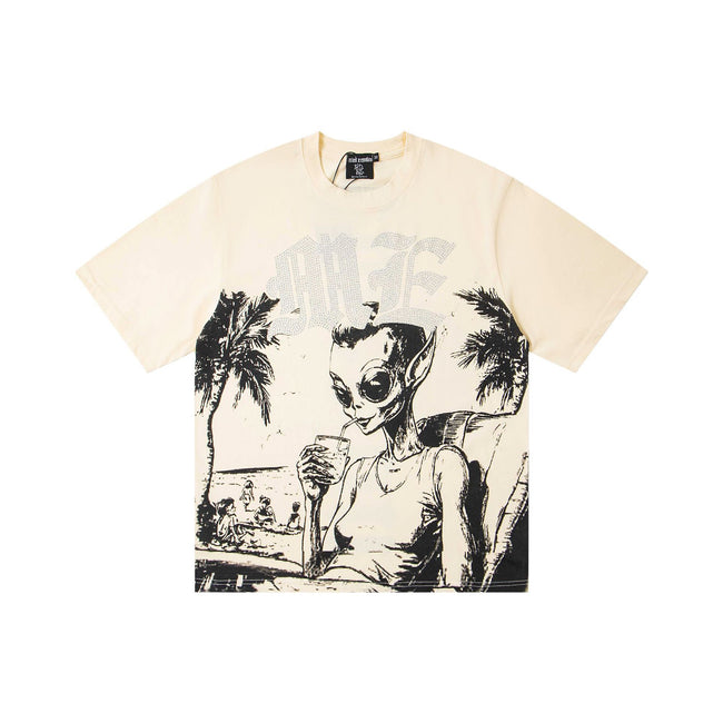 Cream Vintage Black Sketch Beach Alien Lady Graphic T-Shirt Palm Tree Summer Vacation Rhinestone Gothic Letter Oversized Unisex Streetwear Tee Hover Image