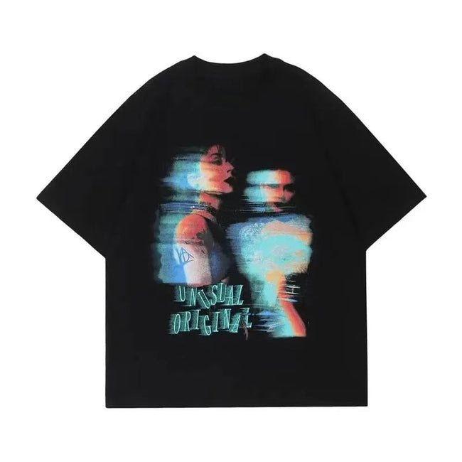 Glitch Blur Double Portrait Gradient Print Vintage Oversized T-Shirt Unusual Original Back Graphic Tee Hover Image
