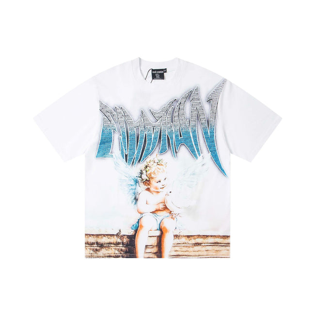 White Vintage Renaissance Cherub Holding Dove Graphic T-Shirt Blue Gradient Rhinestone Gothic Letter Oversized Unisex Streetwear Short Sleeve Tee Hover Image