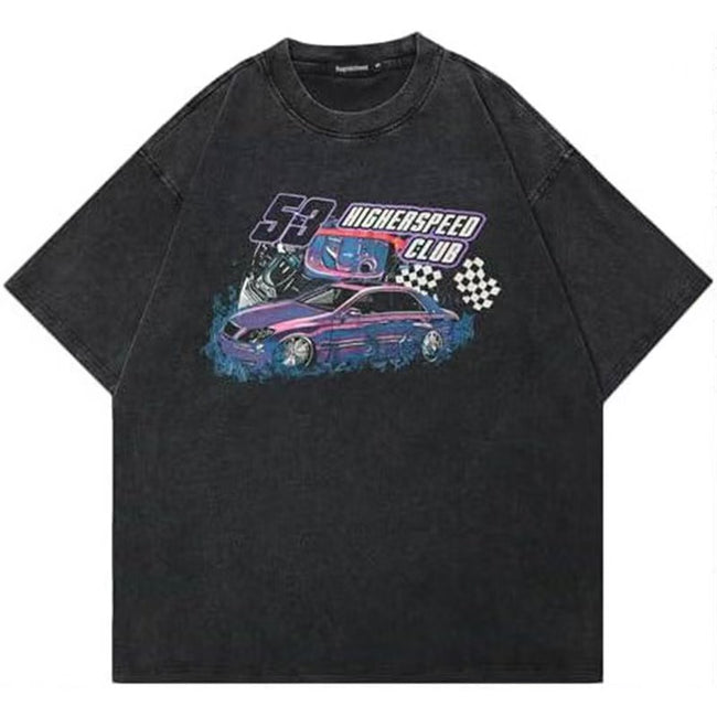 Retro Racing Car Graphic Washed T-Shirt American High Speed Club Streetwear Oversized Unisex Tee Hover Image