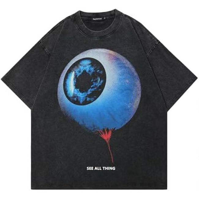 Vintage Washed Oversized T-Shirt Men Women Gothic Eyeball Print Streetwear Loose Short Sleeve Tee Hover Image