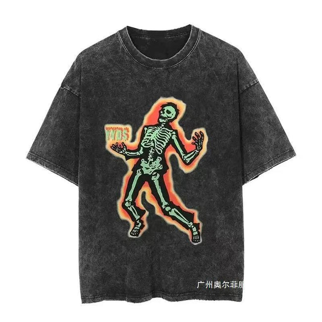 Neon Dancing Skeleton Retro Washed Grunge Short Sleeve T-Shirt Hover Image