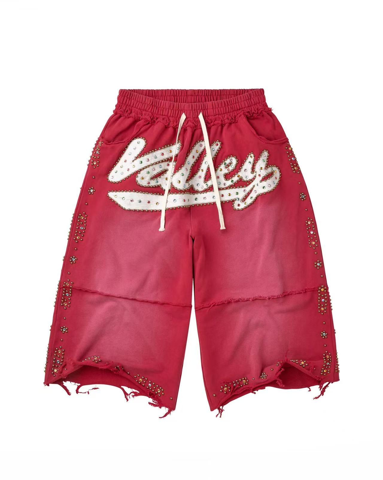 Valley Vintage Red Washed Terry Sweat Shorts Frayed Raw Hem Rhinestone Cursive Logo Spliced Baggy Unisex Grunge Streetwear Shorts