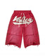 Valley Vintage Red Washed Terry Sweat Shorts Frayed Raw Hem Rhinestone Cursive Logo Spliced Baggy Unisex Grunge Streetwear Shorts