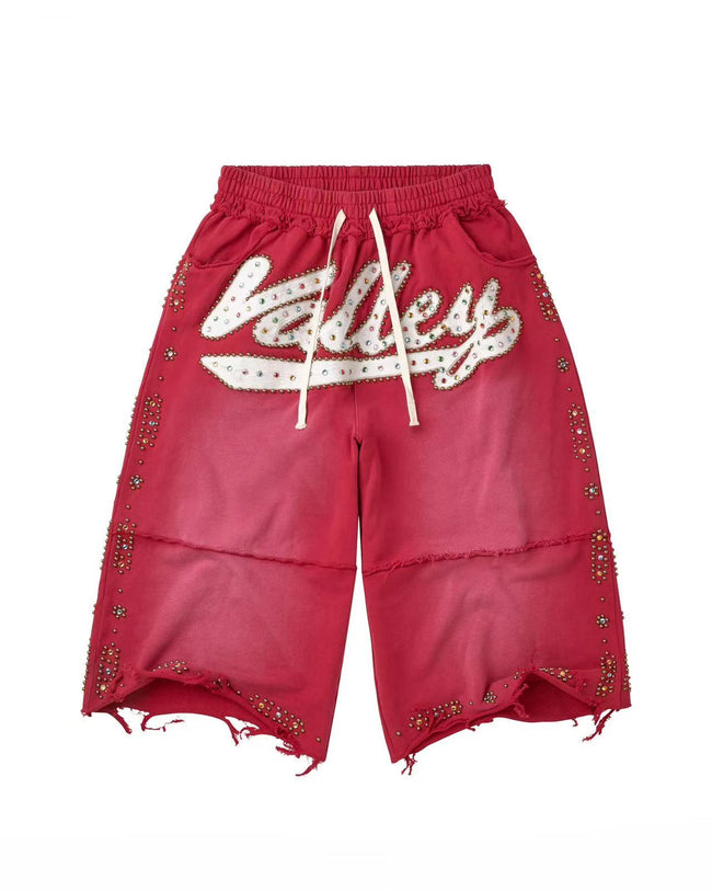 Valley Vintage Red Washed Terry Sweat Shorts Frayed Raw Hem Rhinestone Cursive Logo Spliced Baggy Unisex Grunge Streetwear Shorts Hover Image