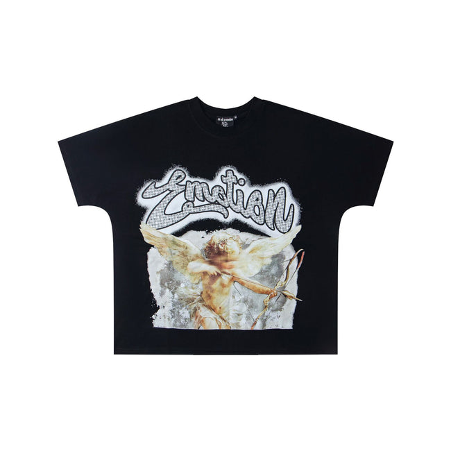 Grunge Distressed Cupid Angel Arrow Graffiti Script T-Shirt Vintage Faded Texture Oversized Unisex Black Streetwear Tee Hover Image