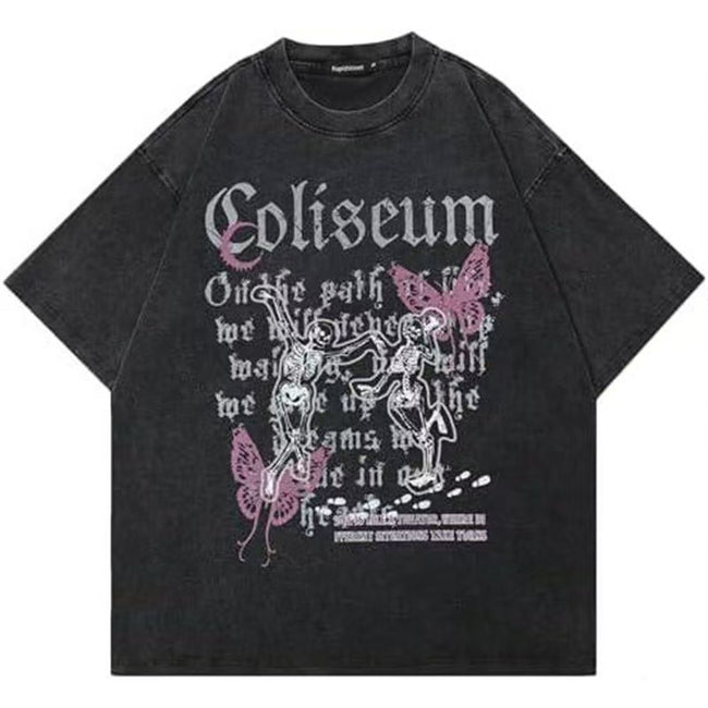Gothic Dancing Skeleton Butterfly Vintage Washed T-Shirt Medieval Coliseum Streetwear Oversized Unisex Tee Hover Image