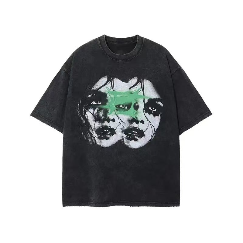Torn Overlapping Female Portrait Green Accent Distressed Washed Grunge T-Shirt