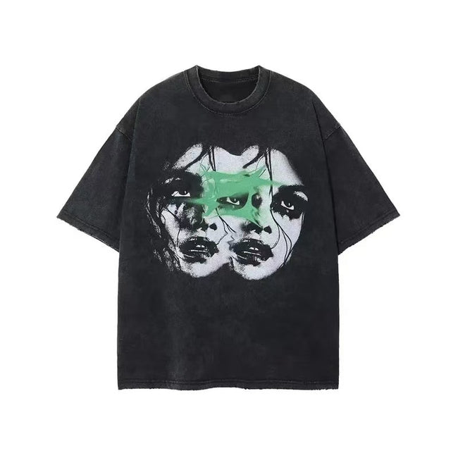 Torn Overlapping Female Portrait Green Accent Distressed Washed Grunge T-Shirt Hover Image
