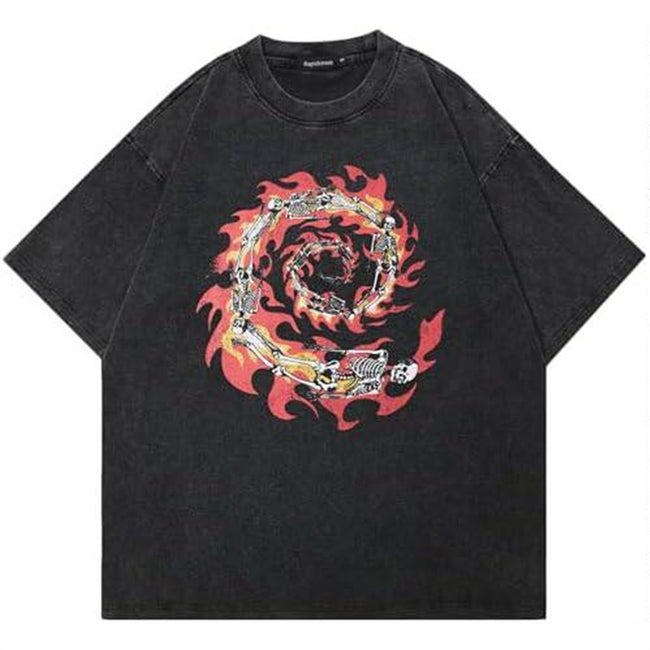 Vintage Acid Wash Oversized T-Shirt Men Women Gothic Spiral Skeleton Fire Graphic Grunge Streetwear Loose Short Sleeve Tee Hover Image