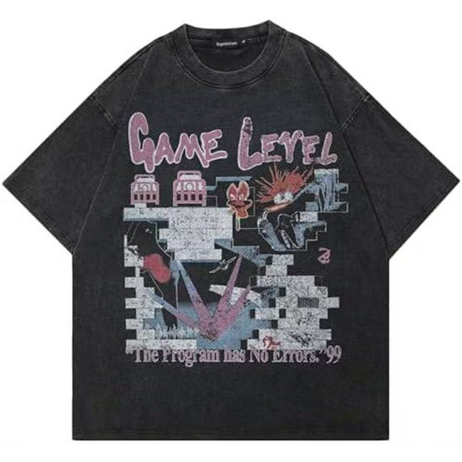 90s Retro Pixel Game Graphic Washed T-Shirt Vintage Cartoon Graffiti Oversized Unisex Hip Hop Streetwear Short Sleeve Tee Hover Image