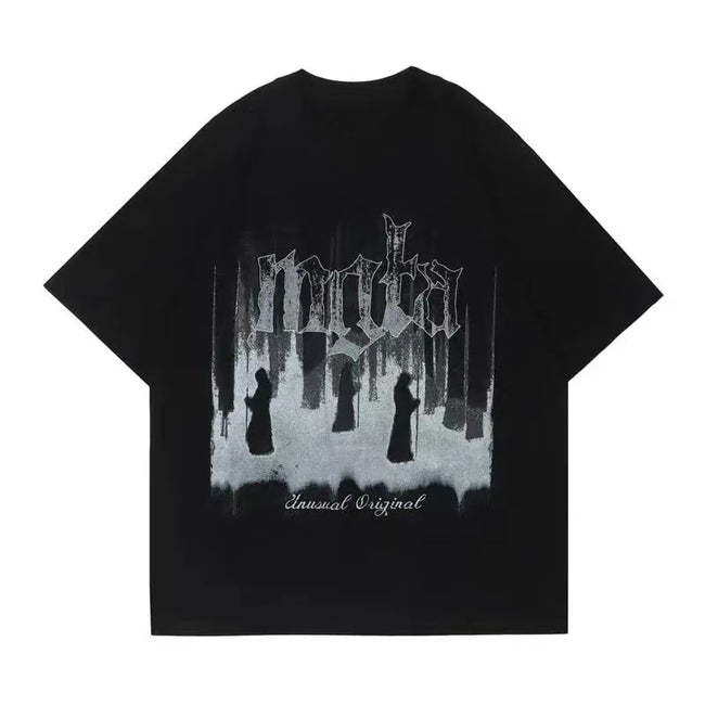 Dark Forest Monk Silhouette Gothic Metal Letter Vintage Washed T-Shirt Unusual Original Streetwear Tee Hover Image
