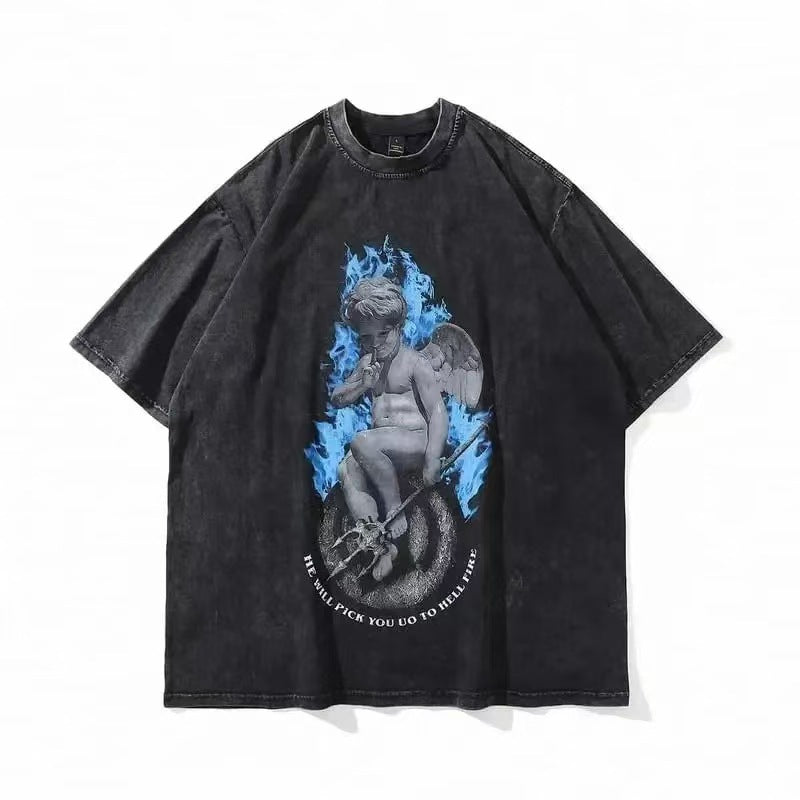 Blue Flame Devil Cherub Gothic Angel Vintage Washed Graphic Tee Hell Quote Oversized T-shirt