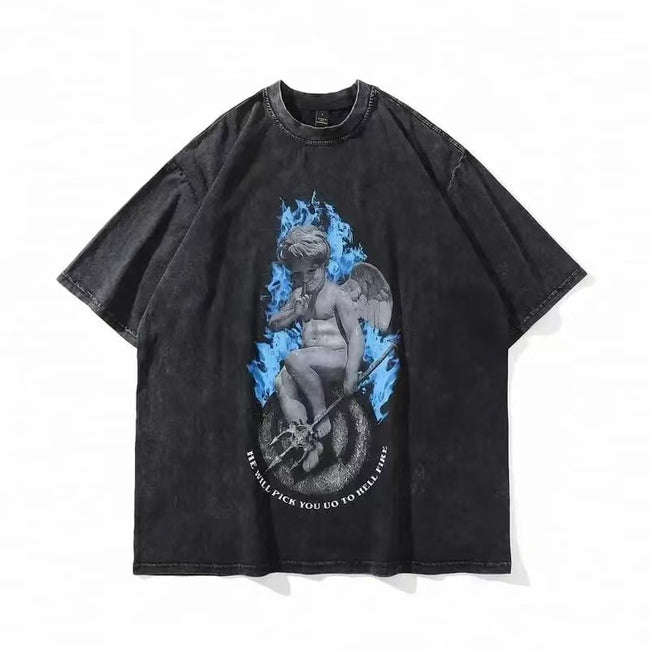 Blue Flame Devil Cherub Gothic Angel Vintage Washed Graphic Tee Hell Quote Oversized T-shirt Hover Image