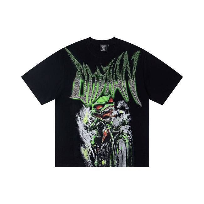 Green Demon Skeleton Motorcycle Metal Punk Graphic T-Shirt Death Metal Rhinestone Gothic Letter Oversized Black Streetwear Tee Hover Image